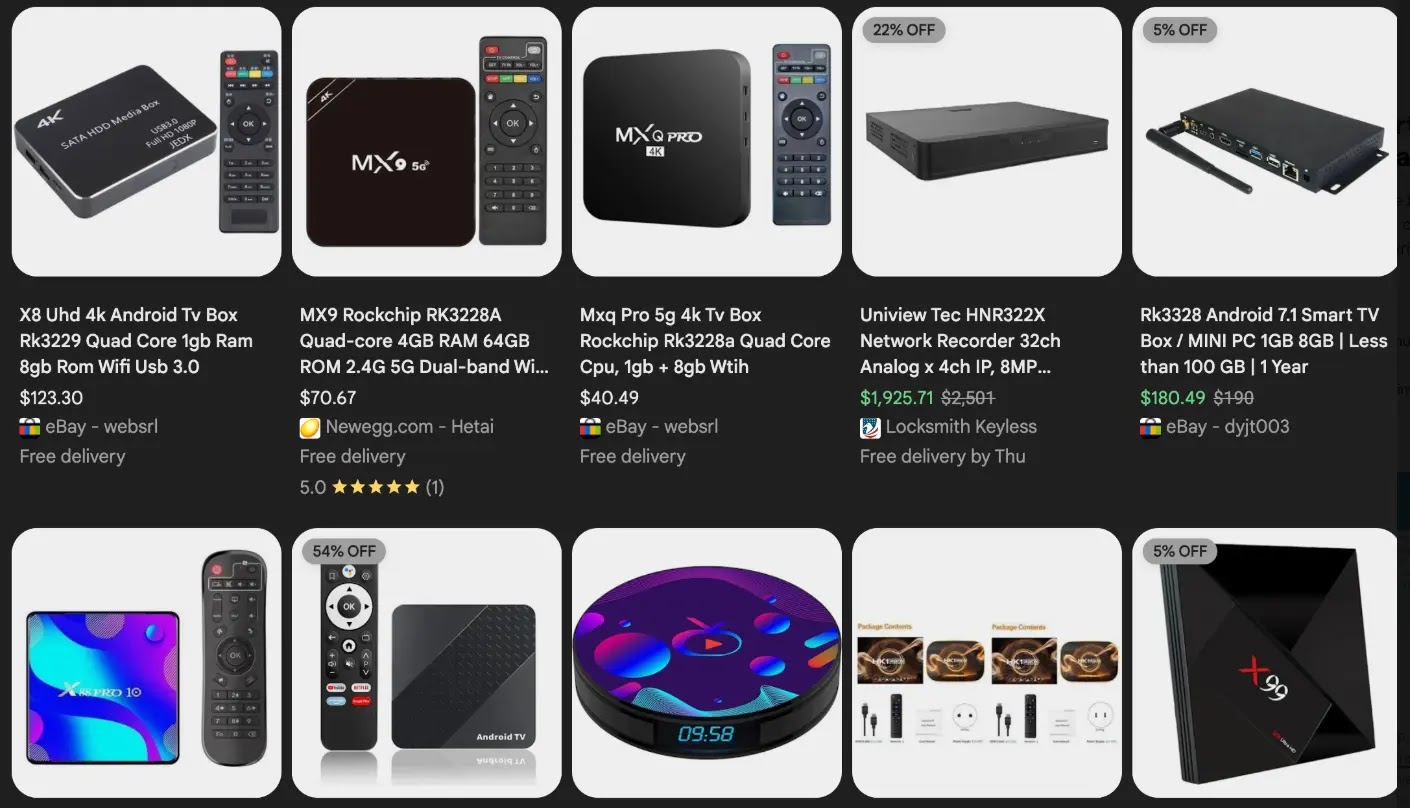 Ορισμένα από τα μη εγκεκριμένα κουτιά Android TV που συνοδεύονται από προεγκατεστημένο κακόβουλο λογισμικό διακομιστή μεσολάβησης (Πηγή - KrebsOnSecurity)